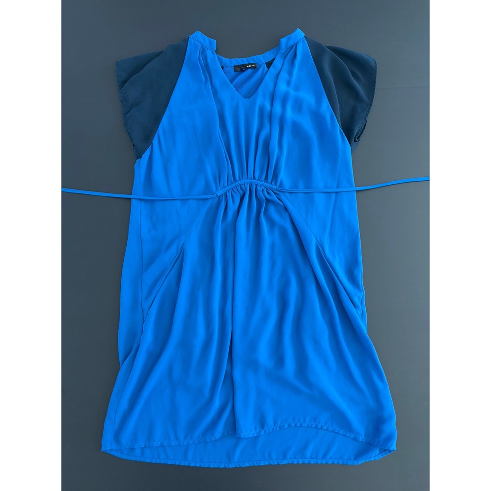 Aqua Blue V-Neck Empire Waist Tie Back Mini Dress Cobalt Navy Medium